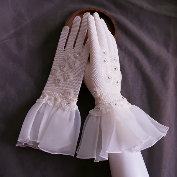 Luxury / Gorgeous White Bridal Gloves 2020 Tulle Handmade  Beading Rhinestone Sequins Prom Wedding Accessories