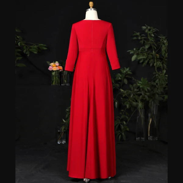 Modest / Simple Burgundy Plus Size Evening Dresses 2021 A-Line / Princess Floor-Length / Long V-Neck Long Sleeve Zipper Up Satin Beading Pearl Solid