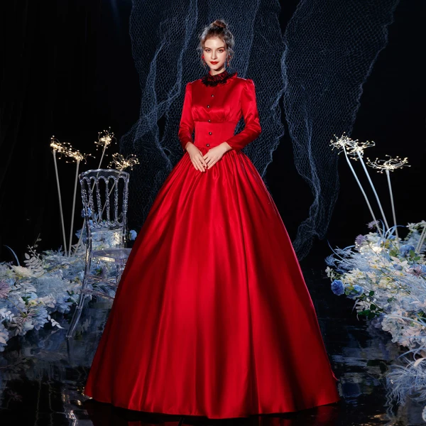 Vintage / Retro Medieval Gothic Red Ball Gown Prom Dresses 2021 High Neck Zipper Up Long Sleeve Floor-Length / Long Buckle Lace Cosplay Prom Formal Dresses