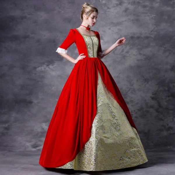 Vintage / Retro Medieval Gothic Red Gold Ball Gown Prom Dresses 2021 Square Neckline Crossed Straps Floor-Length / Long 1/2 Sleeves Sequins Printing Cosplay Prom Formal Dresses