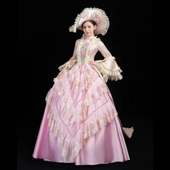 Vintage Retro Medieval Candy Pink Ball Gown Prom Dresses 2021 High Neck Long Sleeve Floor Length Long 3d Lace Appliques Embroidered Handmade Cosplay Prom Formal Dresses