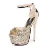 Sparkly Gold 2018 High Heels Leatherette Ankle Strap Glitter Sequins Sandals 15 cm Open / Peep Toe Stiletto Heels Evening Party Womens Shoes