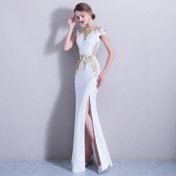 Elegant 2017 White Evening Dresses U-Neck Appliques Handmade Trumpet / Mermaid Evening Party Formal Dresses