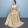 Chic / Beautiful Yellow Evening Dresses  2017 A-Line / Princess U-Neck Charmeuse Beading Rhinestone Backless Evening Party Formal Dresses