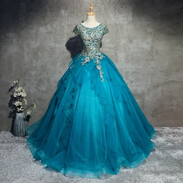 Klassieke Elegante Blauw Galajurken 2017 A Lijn Kanten Tule U Hals Appliques Kralen Avond Gelegenheid Jurken