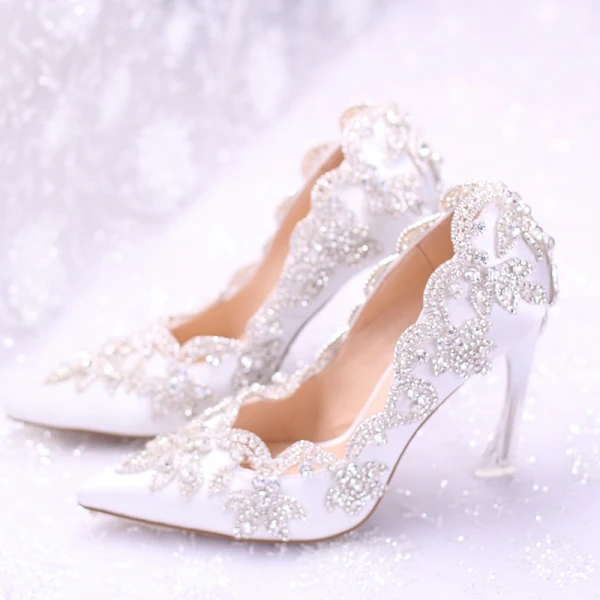 Chic / Beautiful White Wedding Shoes 2017 Pointed Toe PU 9 cm High Heels Beading Rhinestone Wedding Womens Shoes