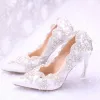 Chic / Beautiful White Wedding Shoes 2017 Pointed Toe PU 9 cm High Heels Beading Rhinestone Wedding Womens Shoes