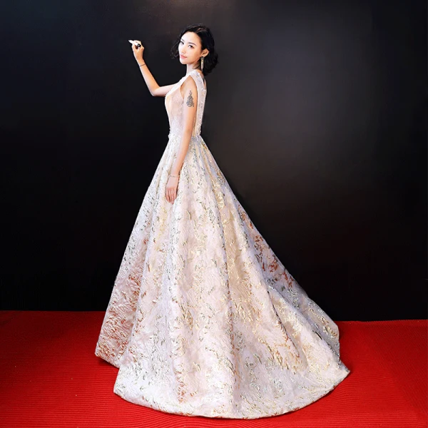 Luxury / Gorgeous Champagne Evening Dresses 2018 Floor-Length / Long A-Line / Princess V-Neck Lace Backless Beading Embroidered Evening Party Formal Dresses