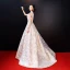 Luxury / Gorgeous Champagne Evening Dresses  2018 Floor-Length / Long A-Line / Princess V-Neck Lace Backless Beading Embroidered Evening Party Formal Dresses