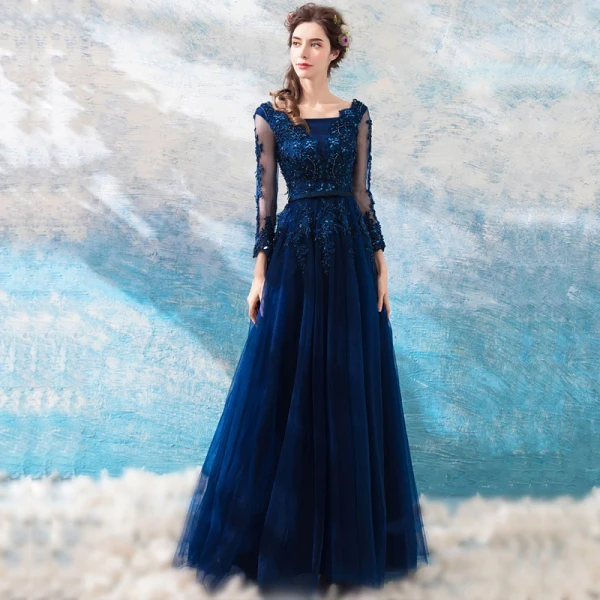 Chic / Beautiful Navy Blue Evening Dresses 2018 A-Line / Princess U-Neck Lace Tulle Floor-Length / Long Appliques Backless Beading Evening Party Formal Dresses