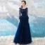Chic / Beautiful Navy Blue Evening Dresses  2018 A-Line / Princess U-Neck Lace Tulle Floor-Length / Long Appliques Backless Beading Evening Party Formal Dresses