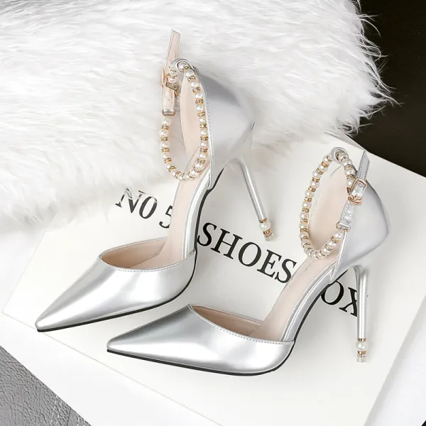 Chic / Beautiful Silver 2018 10 cm Buckle Ankle Strap Casual Pearl High Heels Wedding Shoes