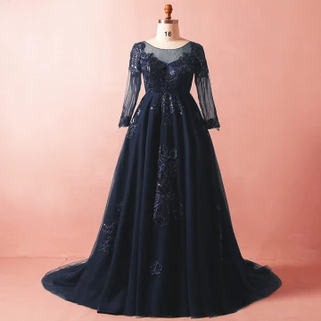 Luxe Donkerblauwe Grote Maat Avondjurken 2018 A Lijn Lange Mouwen Tule V Hals Gekruiste Bandjes Appliques Ruglooze Kralen Pailletten Winter Gala Gelegenheid Jurken