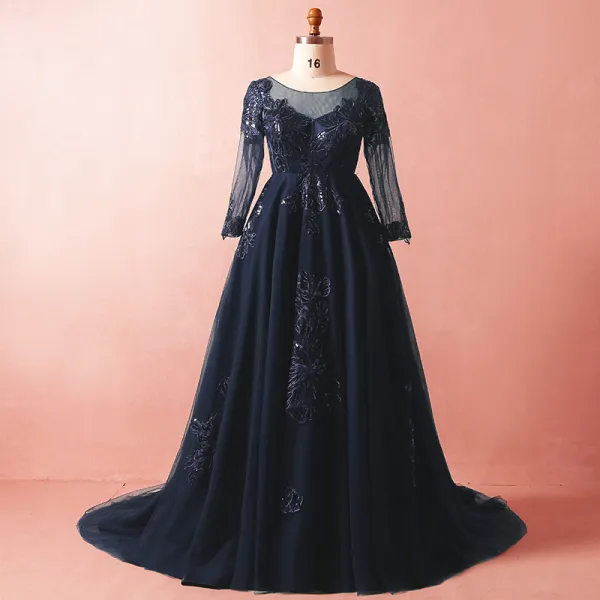 Luxury / Gorgeous Navy Blue Plus Size Evening Dresses  2018 A-Line / Princess Long Sleeve Tulle V-Neck Crossed Straps Appliques Backless Beading Sequins Winter Prom Formal Dresses