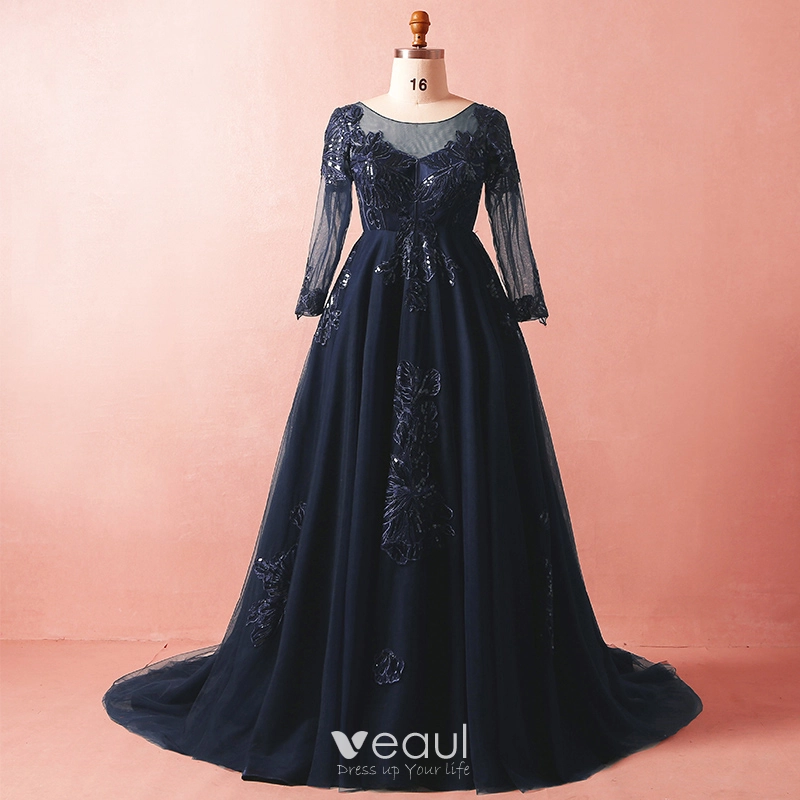 Luxury / Gorgeous Navy Blue Plus Size Evening Dresses 2018 A-Line / Princess Long Sleeve Tulle V-Neck Crossed Straps Appliques Backless Beading Sequins Winter Prom Formal Dresses Luxury / Gorgeous Navy Blue Plus Size Evening Dresses 2018 A-Line / Princess Long Sleeve Tulle V-Neck Crossed Straps Appliques Backless Beading Sequins Winter Prom Formal Dresses