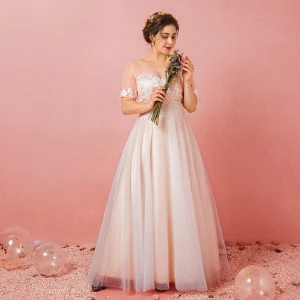 Chic Beautiful Champagne Plus Size Prom Dresses 2018 A Line Princess Tulle U Neck Lace Up Strappy Appliques Backless Evening Party Prom Formal Dresses