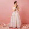 Chic / Beautiful Champagne Plus Size Prom Dresses 2018 A-Line / Princess Tulle U-Neck Lace-up Strappy Appliques Backless Evening Party Prom Formal Dresses