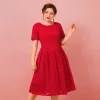 Chic / Beautiful Red Plus Size Graduation Dresses 2018 A-Line / Princess U-Neck Lace-up Tulle Printing Embroidered Homecoming Formal Dresses