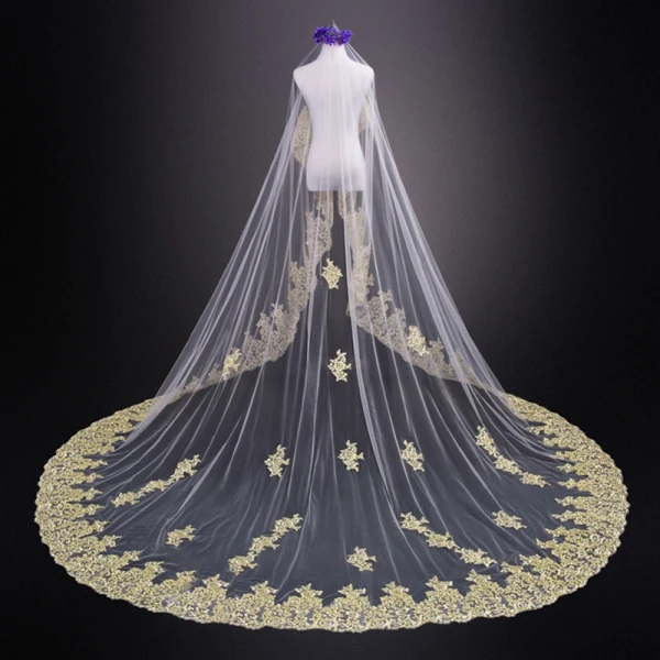 Luxury / Gorgeous Champagne Royal Train Wedding Tulle Lace Appliques 3.5 m Wedding Veils 2018