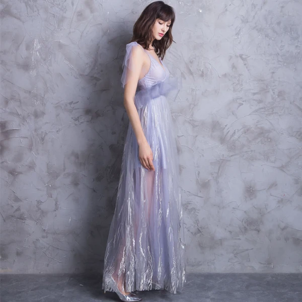 Modern / Fashion Floor-Length / Long Lavender Evening Dresses 2018 A-Line / Princess V-Neck Tulle Appliques Backless Formal Dresses