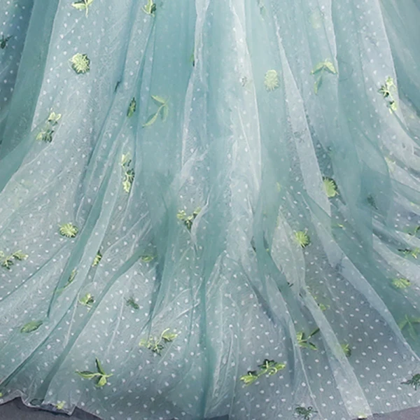 Fine Jadegrønn Domstol Tog Selskapskjoler 2018 Prinsesse Tyll V-Hals Ryggløse Brodert Printing Aften Formelle Kjoler