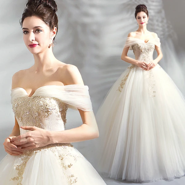 Classic Elegant White Champagne Floor-Length / Long Wedding 2018 Tulle Lace-up Appliques Backless Beading Strapless Ball Gown Wedding Dresses