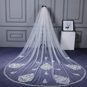 Amazing Unique White Wedding Cathedral Train Appliques Lace Tulle Wedding Veils 2018