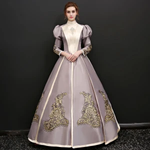 Vintage Retro Champagne Floor Length Long Prom Dresses 2018 Lace Up Charmeuse High Neck Appliques Evening Party Ball Gown Formal Dresses
