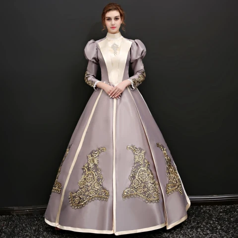 Vintage Champagner Lange Ballkleider 2018 Schnüren Charmeuse Stehkragen Applikationen Abend Ballkleid Festliche Kleider