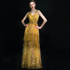 Luxe Scintillantes Doré Longue Robe De Soirée 2018 Princesse V Cou Tulle Dos Nu Fait Main Perlage Paillettes Soirée Robe De Ceremonie