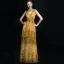 Luxury / Gorgeous Sparkly Gold Floor-Length / Long Evening Dresses  2018 A-Line / Princess V-Neck Tulle Backless Handmade  Beading Sequins Evening Party Formal Dresses