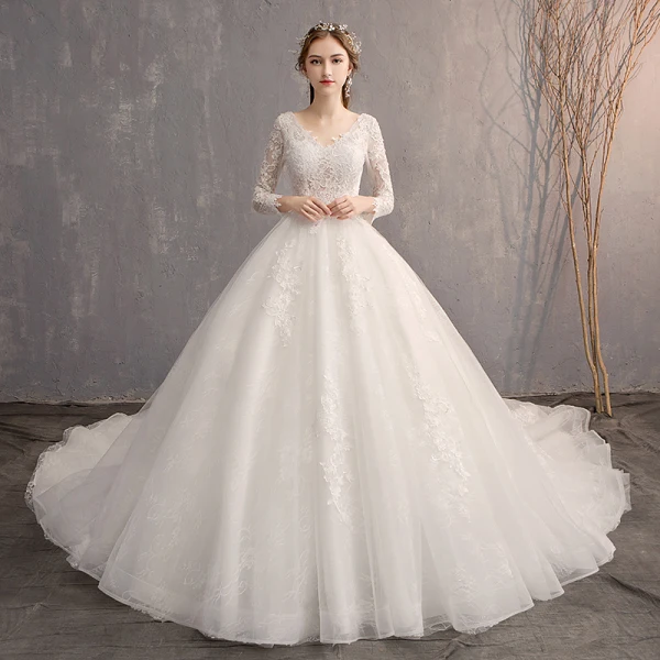 Classic Elegant White Ball Gown Wedding Dresses 2019 Lace Tulle V-Neck 3/4 Sleeve Appliques Backless Embroidered Cathedral Train Church Wedding