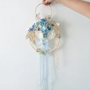 Klassisk Elegant Himmelen Blå Brudebukett 2020 Håndlaget Tyll Metall Beading Krystall Blomst Perle Rhinestone Bryllups Bryllup Ball Tilbehør