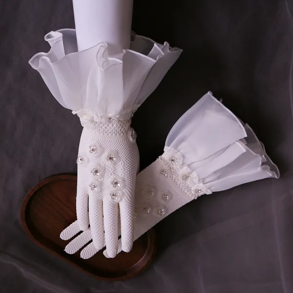 Luxury / Gorgeous White Bridal Gloves 2020 Tulle Handmade  Beading Rhinestone Sequins Prom Wedding Accessories