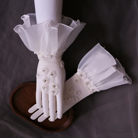 Magnífico Blanco Guantes de novia 2020 Tul Hecho a mano Rebordear Rhinestone Lentejuelas Gala Boda Accesorios