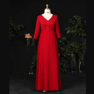 Simple Bordeaux Grande Taille Robe De Soirée 2021 Princesse Longue V Cou Manches Longues Fermeture Éclair Satin Perlage Perle Couleur Unie Promo Soirée Robe De Ceremonie