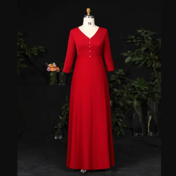 Modest Simple Burgundy Plus Size Evening Dresses 2021 A Line Princess Floor Length Long V Neck Long Sleeve Zipper Up Satin Beading Pearl Solid Color Prom Evening Party Formal Dresses
