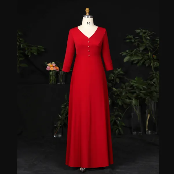 Modest / Simple Burgundy Plus Size Evening Dresses  2021 A-Line / Princess Floor-Length / Long V-Neck Long Sleeve Zipper Up Satin Beading Pearl Solid Color Prom Evening Party Formal Dresses