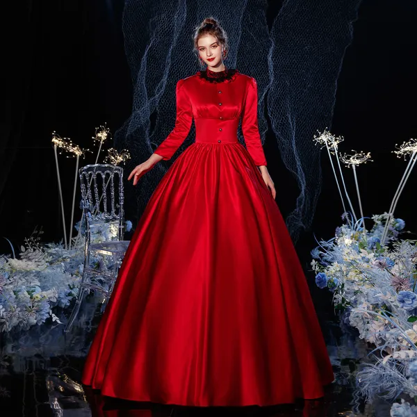 Vintage / Retro Medieval Gothic Red Ball Gown Prom Dresses 2021 High Neck Zipper Up Long Sleeve Floor-Length / Long Buckle Lace Cosplay Prom Formal Dresses