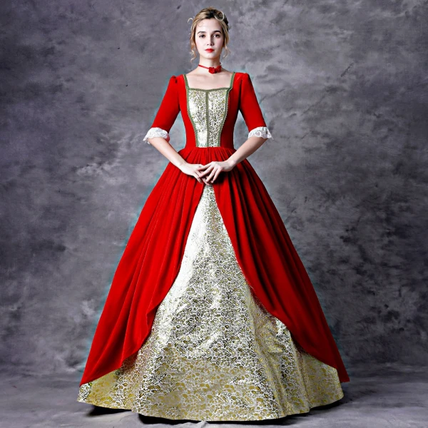 Vintage / Retro Medieval Gothic Red Gold Ball Gown Prom Dresses 2021 Square Neckline Crossed Straps Floor-Length / Long 1/2 Sleeves Sequins Printing Cosplay Prom Formal Dresses