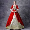 Vintage / Retro Medieval Gothic Red Gold Ball Gown Prom Dresses 2021 Square Neckline Crossed Straps Floor-Length / Long 1/2 Sleeves Sequins Printing Cosplay Prom Formal Dresses