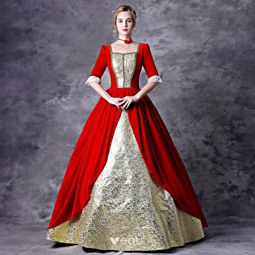 Vintage / Retro Medieval Gothic Red Gold Ball Gown Prom Dresses 2021 Square Neckline Crossed Straps Floor-Length / Long 1/2 Sleeves Sequins Printing Cosplay Prom Formal Dresses Vintage / Retro Medieval Gothic Red Gold Ball Gown Prom Dresses 2021 Square Neckline Crossed Straps Floor-Length / Long 1/2 Sleeves Sequins Printing Cosplay Prom Formal Dresses