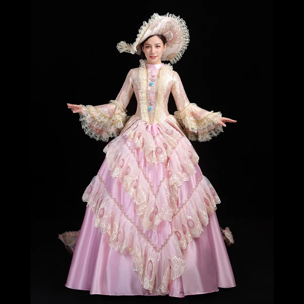 Vintage / Retro Medieval Candy Pink Ball Gown Prom Dresses 2021 High Neck Long Sleeve Floor-Length / Long 3D Lace Appliques Embroidered Handmade Cosplay Prom Formal Dresses