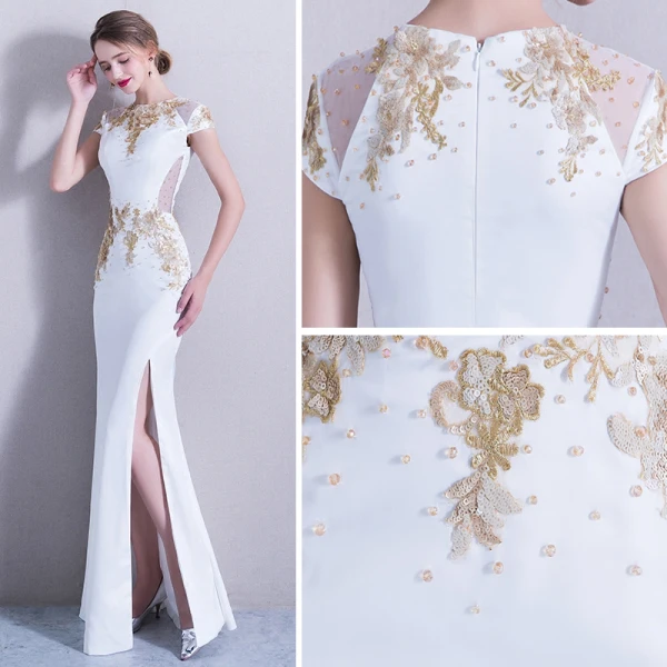 Elegant 2017 White Evening Dresses U-Neck Appliques Handmade Trumpet / Mermaid Evening Party Formal Dresses