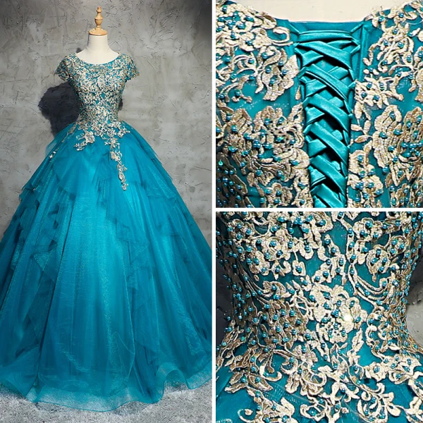 Klassieke Elegante Blauw Galajurken 2017 A lijn Kanten Tule U-hals Appliques Kralen Avond Gelegenheid Jurken