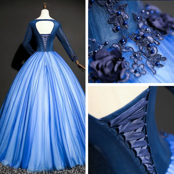 Chic / Beautiful Royal Blue Prom Dresses 2017 Tulle Beading Appliques Ball Gown Prom Backless Formal Dresses