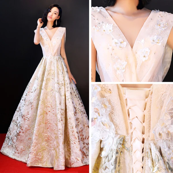 Luxury / Gorgeous Champagne Evening Dresses 2018 Floor-Length / Long A-Line / Princess V-Neck Lace Backless Beading Embroidered Evening Party Formal Dresses