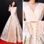 Luxury / Gorgeous Champagne Evening Dresses  2018 Floor-Length / Long A-Line / Princess V-Neck Lace Backless Beading Embroidered Evening Party Formal Dresses