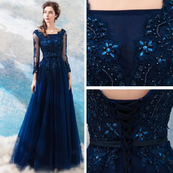 Chic / Beautiful Navy Blue Evening Dresses 2018 A-Line / Princess U-Neck Lace Tulle Floor-Length / Long Appliques Backless Beading Evening Party Formal Dresses