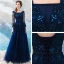 Chic / Beautiful Navy Blue Evening Dresses  2018 A-Line / Princess U-Neck Lace Tulle Floor-Length / Long Appliques Backless Beading Evening Party Formal Dresses